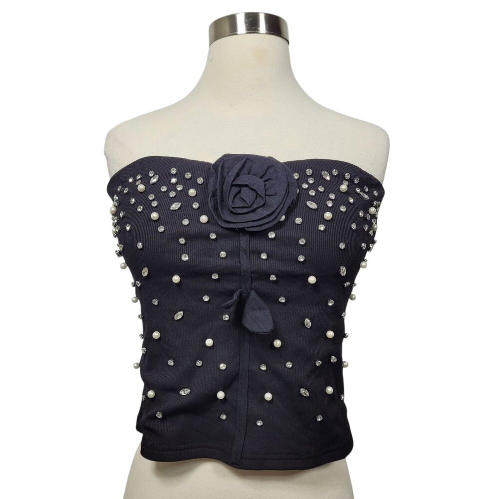 u.g.l.y threads Black Strapless Embellished Tube Top Pearls Rhinestones Large